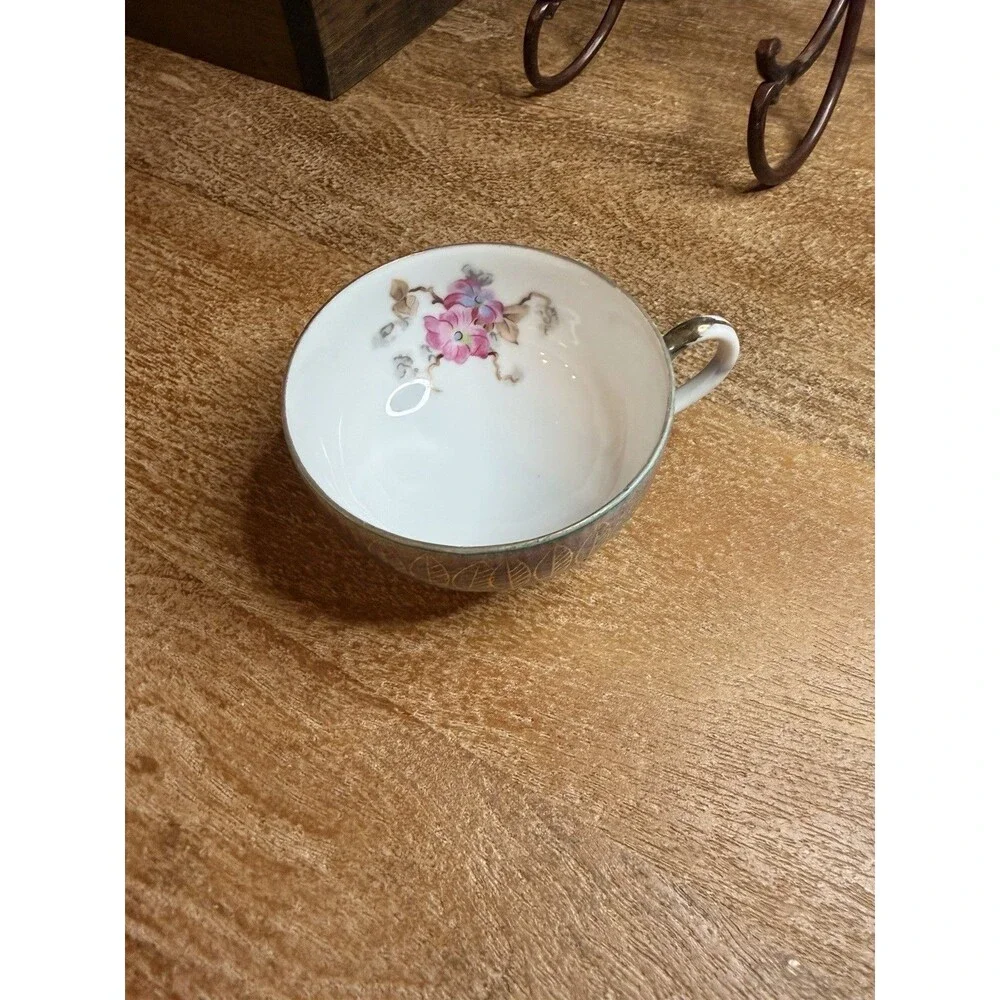 Vintage Unmarked Iridescent Green Lusterware Footed Teacup & Reticulated Saucer